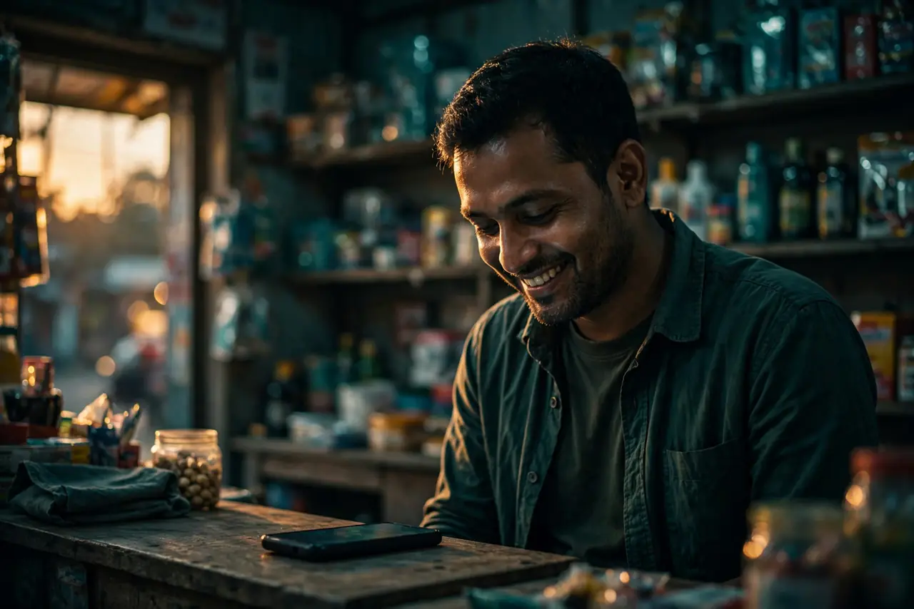 সন্ধ্যায় নিজের দোকানের কাউন্টারে ফোনের মেসেজ দেখে হাসছেন এক দোকানদার