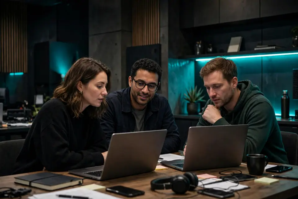A small agency team around a table with laptops, reviewing work together