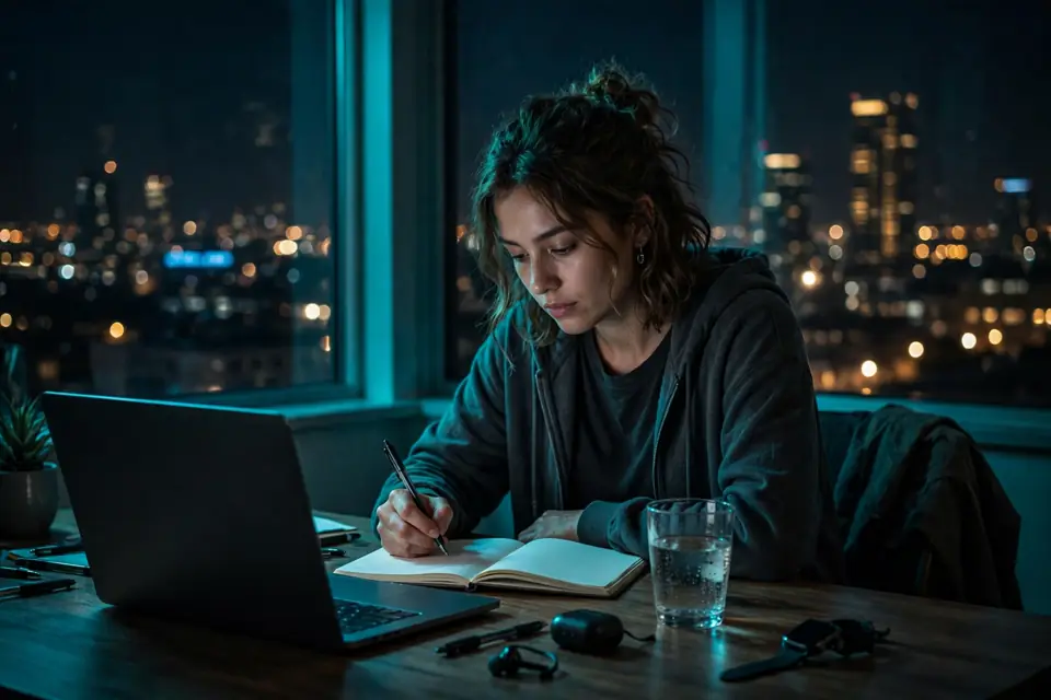A solo founder working late at a home desk, city lights through the window